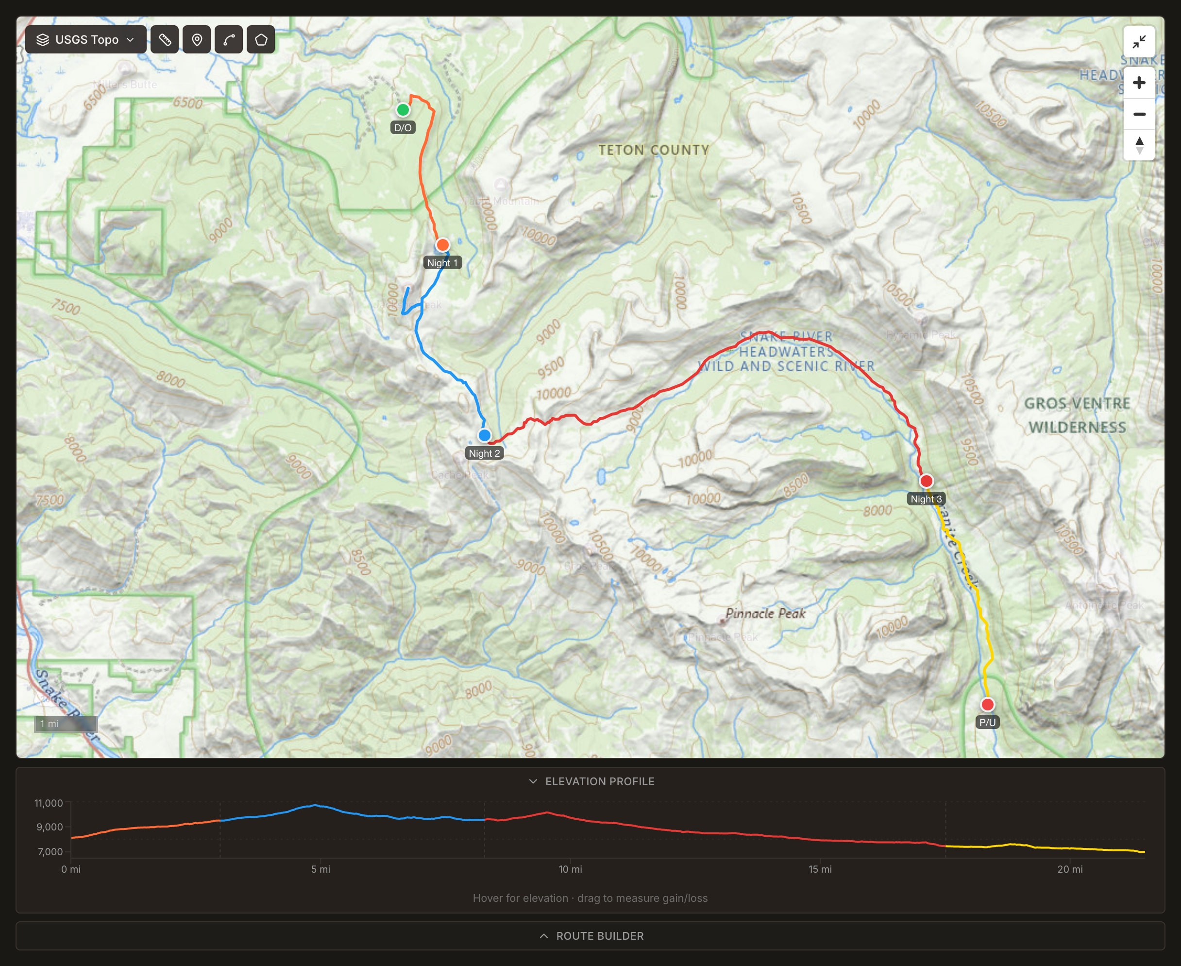 Field Risk OS route builder on a digitized USGS topographic map with day-by-day colored route legs, basemap and overlay picker, and an elevation profile