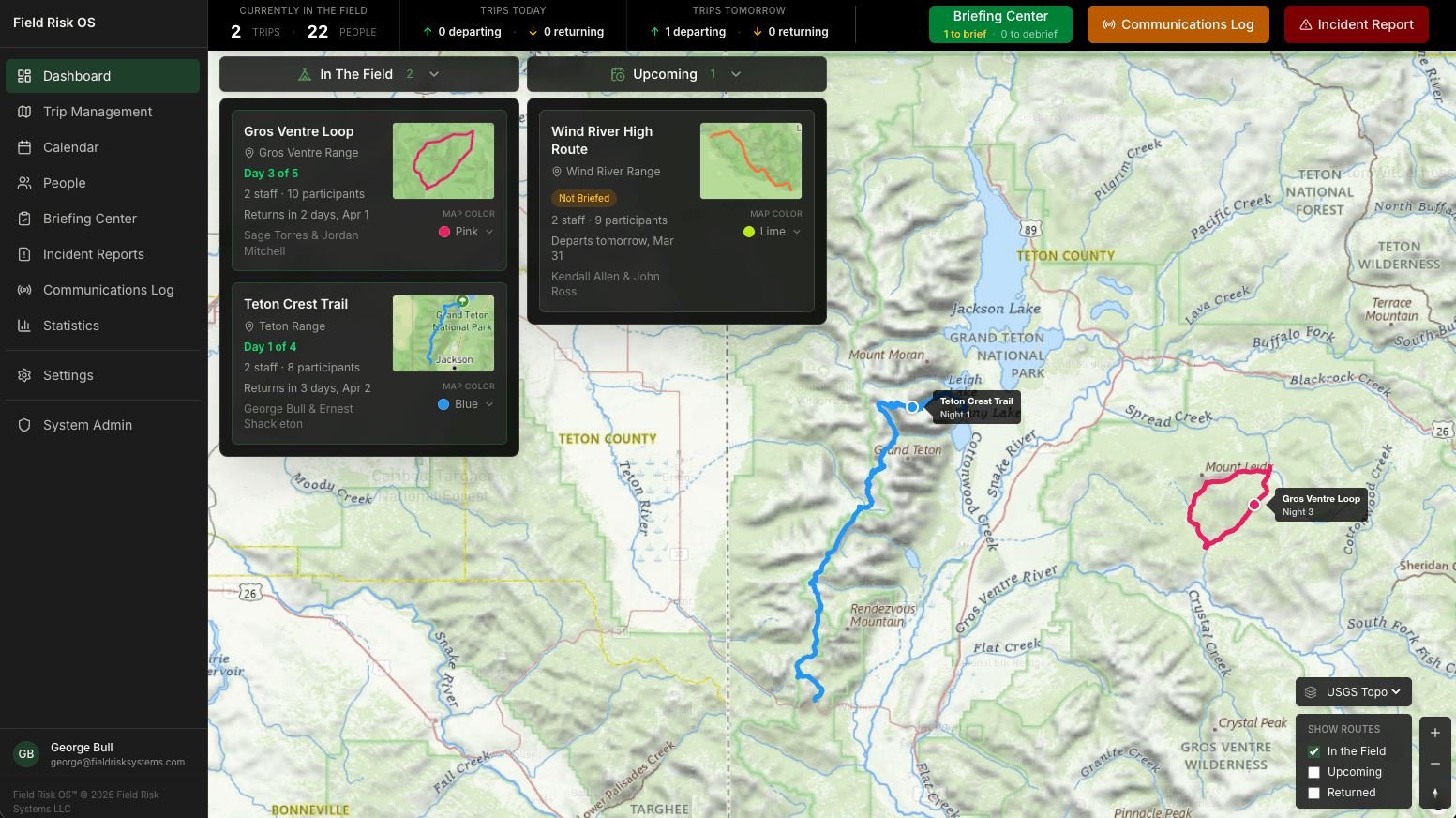 Field Risk OS dashboard — active trips on a live topo map