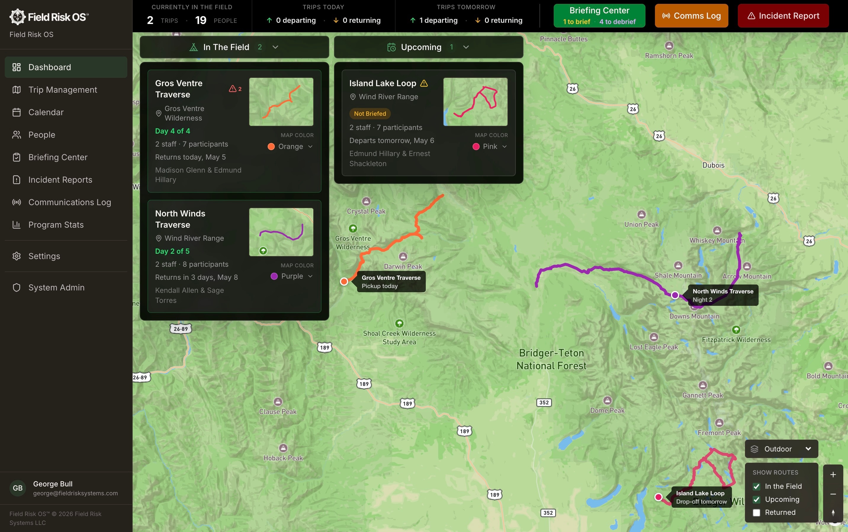 Field Risk OS dashboard — active trips on a live topo map