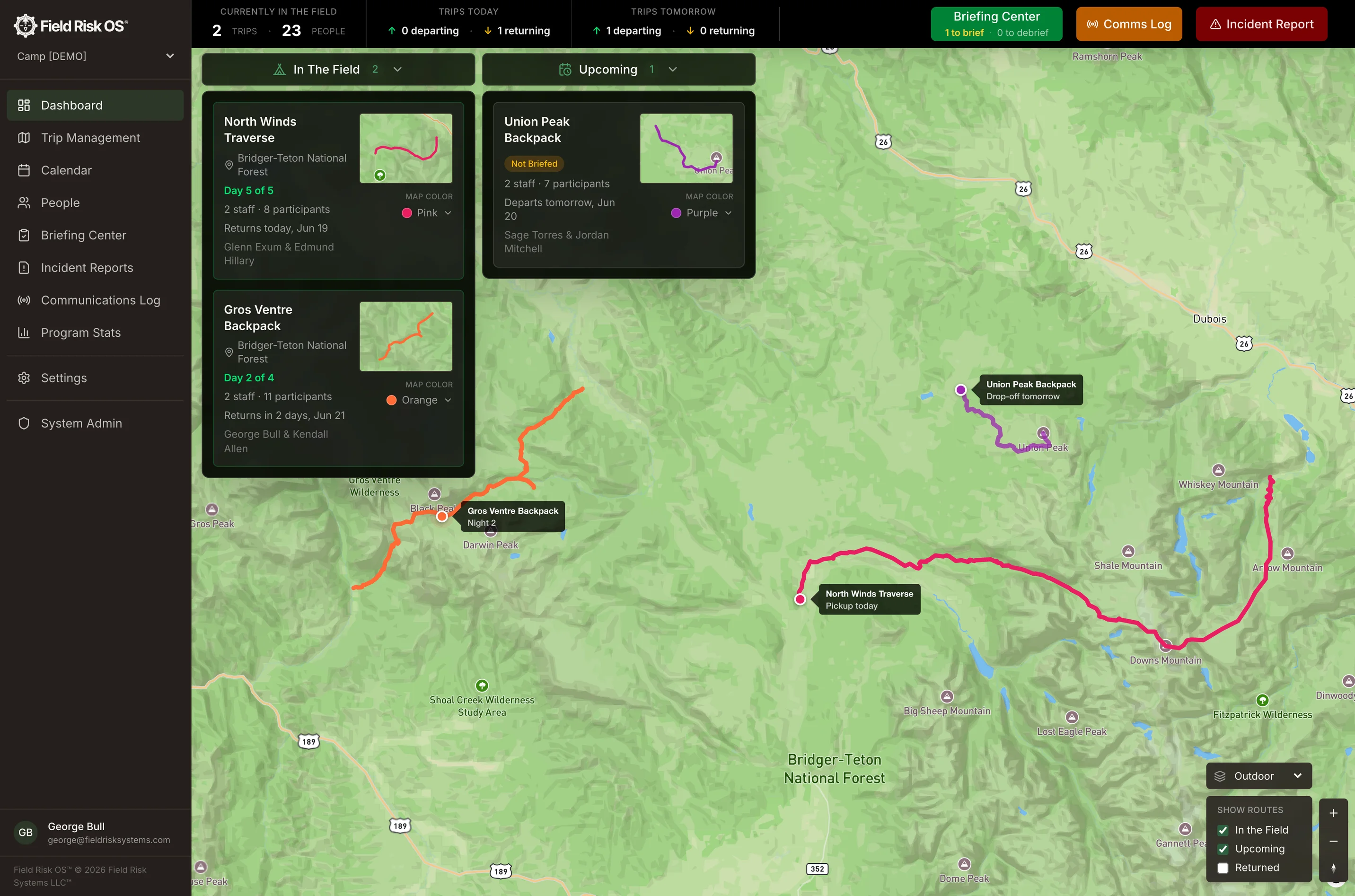Field Risk OS dashboard showing active trips on a live topo map